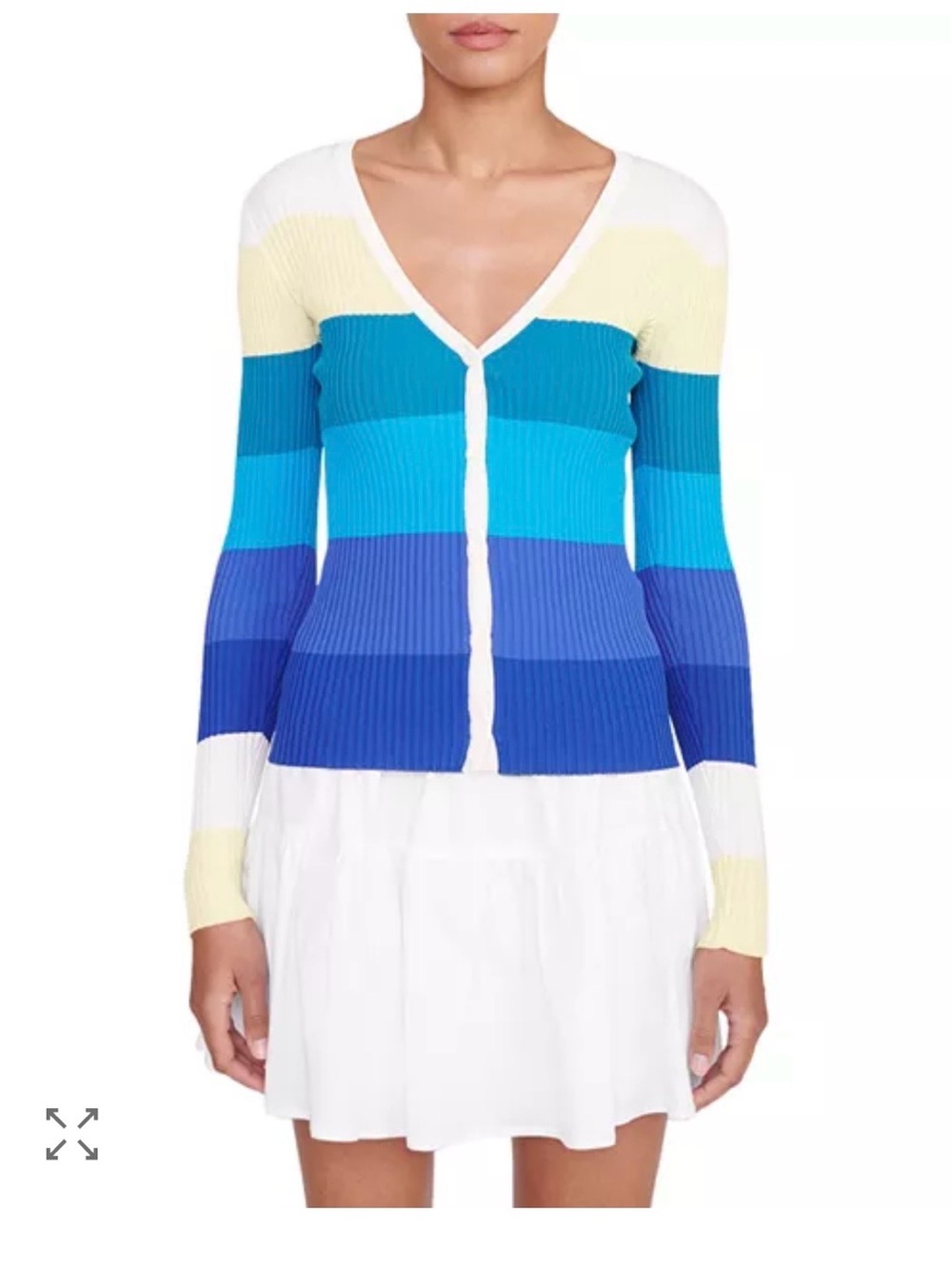 Staud Ribbed V-Neck Striped Button-Front Sweater - Blue Multi